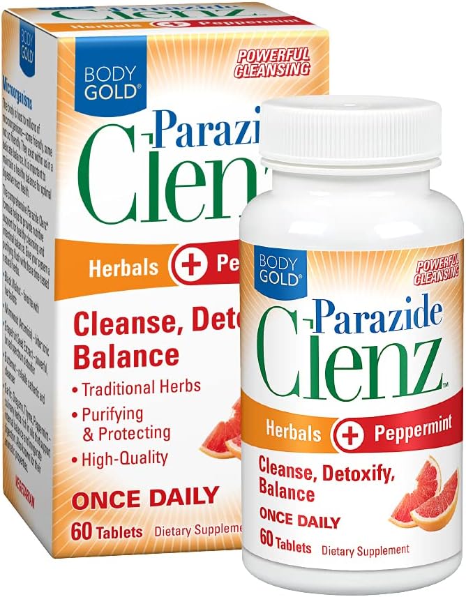 Body Gold Parazide Clenz Herbals & Peppermint | Intestinal Cleanse & Detox w/Black Walnut & More | 30 Serv, 60 Tabletler