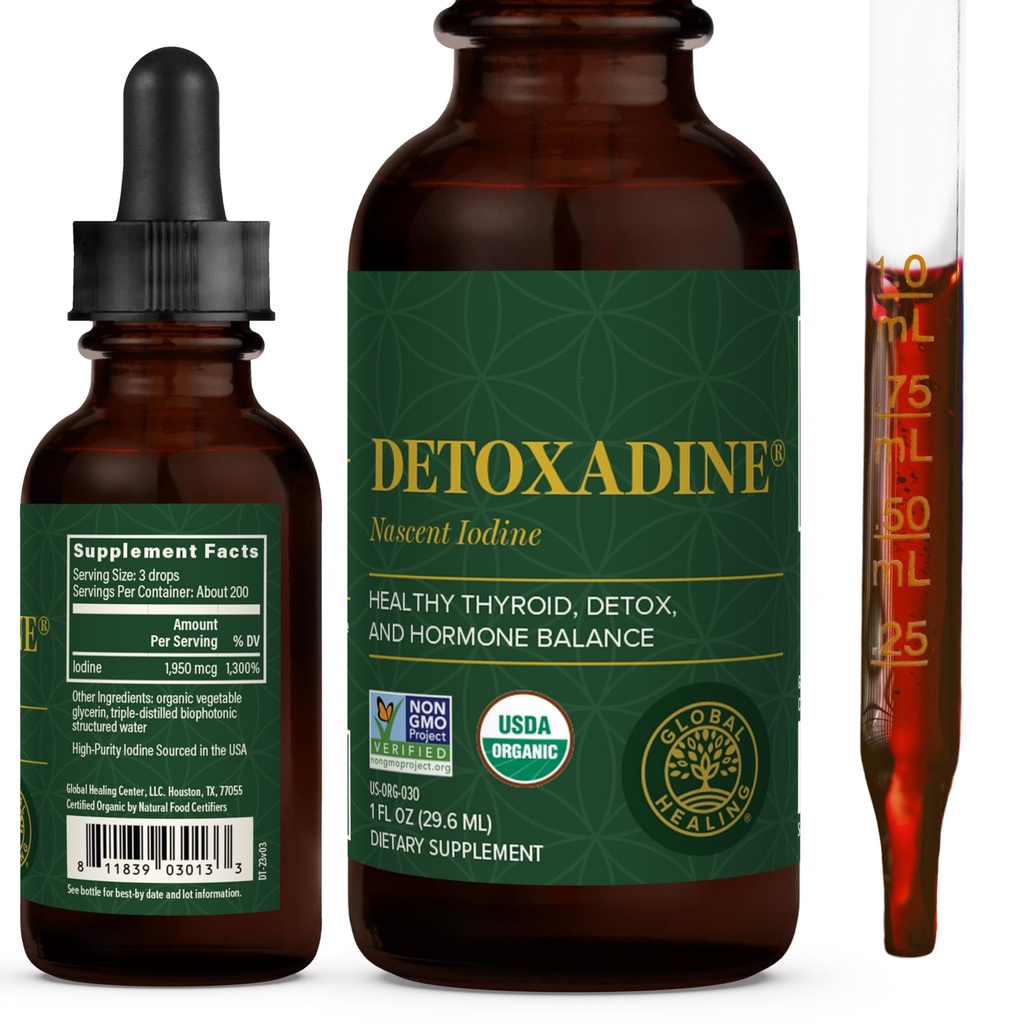 Global Healing Center - Detoxadine - Organik Nascent Sıvı Iodine Supplement Drops for Yourroid Support, Detox Cleanse ve Metabolism - Non-GMO, Vegan, 200 Hizmet Iodine Drops (1 Oz)