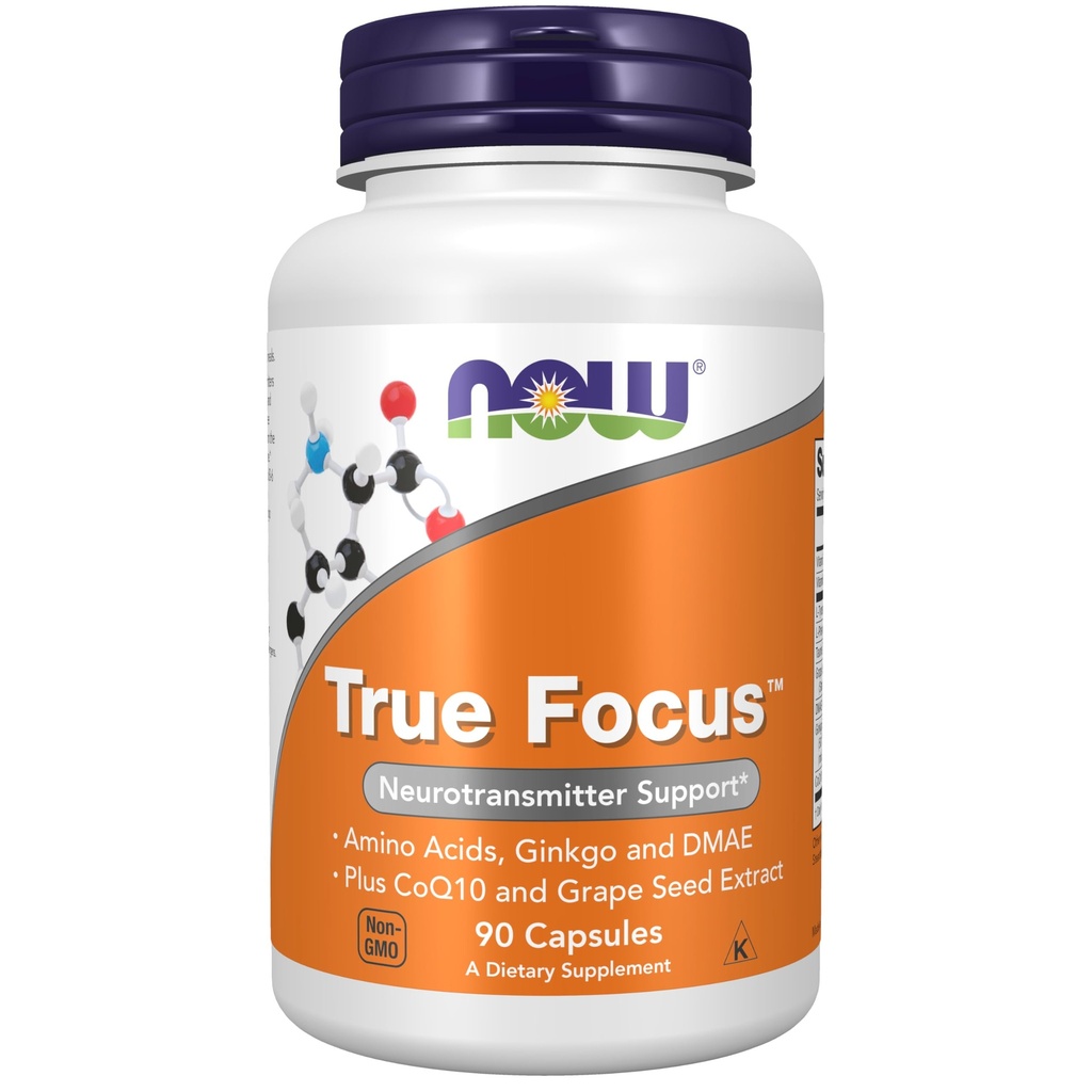 NOW Συμπληρώματα τροφίμων, True FocusTM με Αμινοξέα, Ginkgo, DMAE + CoQ10 και εκχύλισμα σπόρων σταφυλιών, 90 κάψουλες Veg