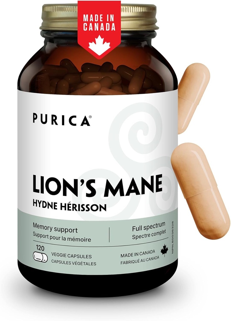 PURICA - Lion's Mane Micronized Mushrooms, 120 Vegan Capsules 60-Day Supply - Bilişsel Sağlık - Hayır ve Gluten-Free - Focus and Memory Support - Brain Health and improve Digestion
