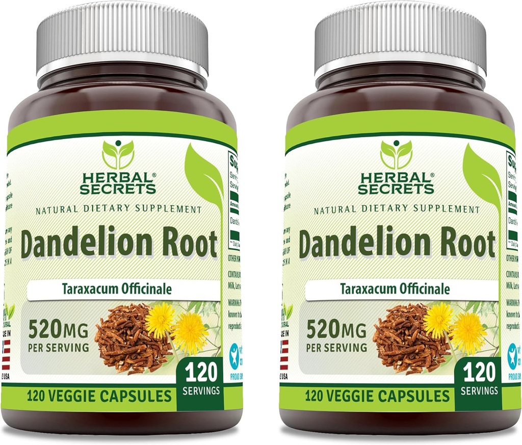 Herbal Sırları Dandelion Root 520 mg Veggie Capsules Supplement | Non-GMO | Gluten Free | Made in USA (120 Count | 2 Pack)