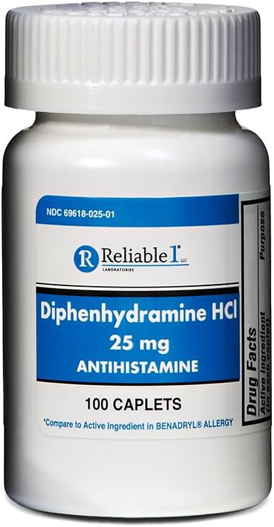 Αξιόπιστο 1 Diphenhydramine HCI 25mg Αντιισταμινικό 100 Caplets (1 φιάλη)