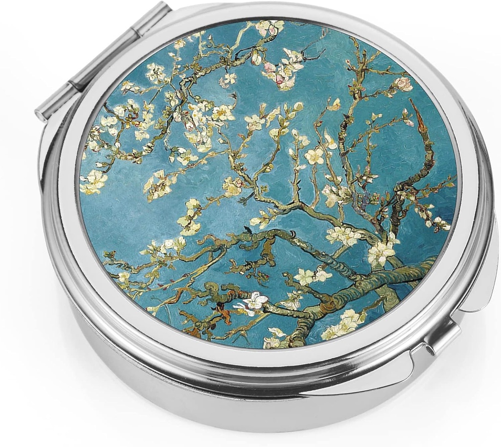 Dynippy Pill Case Pill Box with Mirror Pocket 3 Karşılaştırmalı Tıp Davası Pill Organizer for Pocket Purse and Travel (Round, Silver-Almond Blossom)