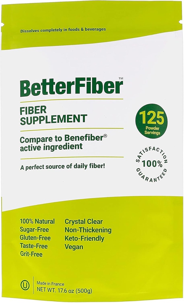 BetterFiber - Prebiotic Fiber συμπλήρωμα [100% Generic Ισοδύναμο του Leading Brand] ⊘ Μη-GMO Γλουτένη-ελεύθερο Vegan OU Kosher Πιστοποιημένο - 17,6oz/500g (125 Σερβιέτες)