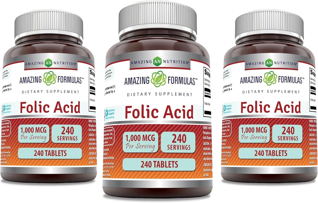 Amazing Formulas Folic Acid 1000 mcg (1 mg) Tabletler Tamam | Vitamin B9 | Non-GMO | Gluten Free | Made in USA (240 | 3 Pack)
