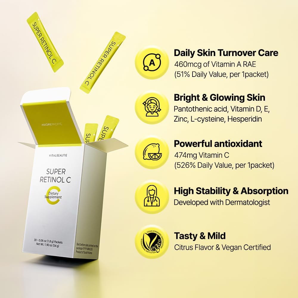VITALBEAUTIE Super Retinol C (Powder, Skincare Supplement) 30 Packets Liquid Collgen for Women, Super Collagen Lift Shot