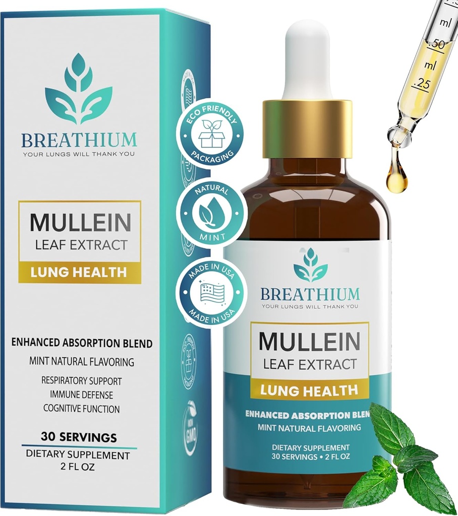 4-in-1 Mullein Drops for Lungs & Gut Health - Liposomal Mullein Leaf Extract, Sunflower Lecithin & Choline for Immune, Digestive, Alerji & Mucus Relief – Made in USA – 2 Pepperozmint