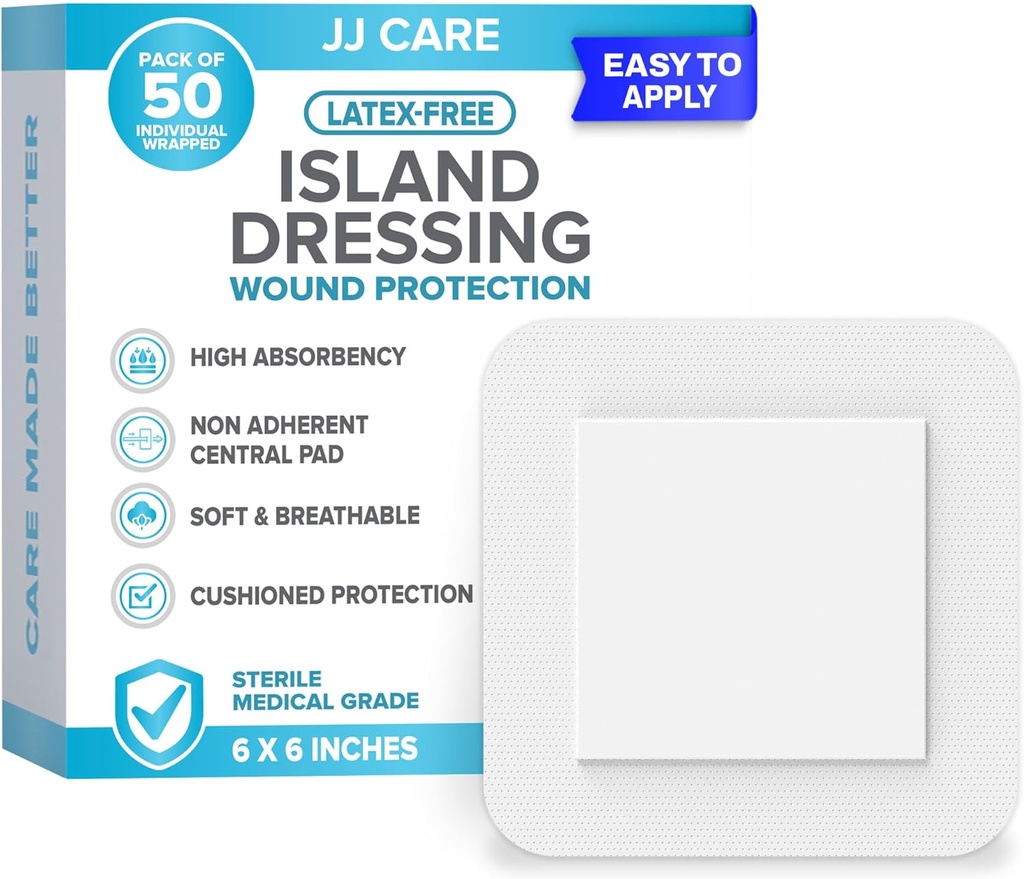 J CARE Yapıştırıcı Adası [Paketi 50], 6x6 Sterile Sınırlanmış Gauze Elbiseleri, Breathable Island Yarası Bireysel olarak Highly Absorbent Non-Stick Center Pad