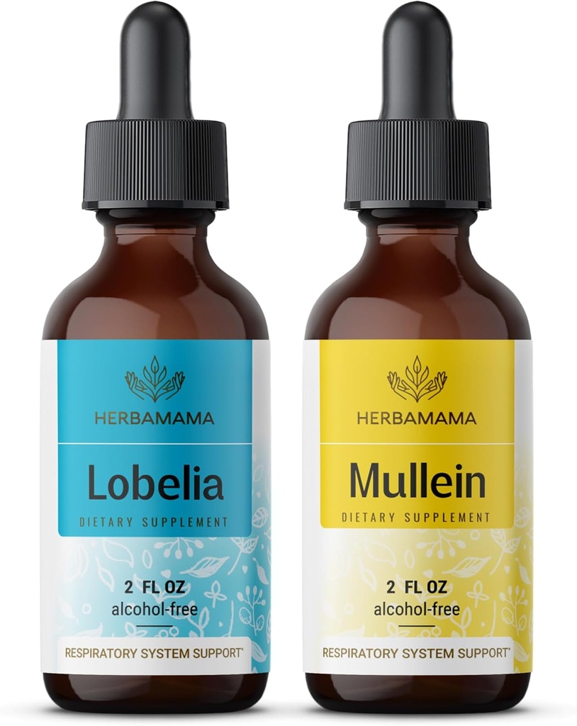 HERBAMA Herbal Liquid Drops Kit - Bundle of Lobelia Extract και Mullein Leaf Tigture 2 fl oz - Vegan, μη-GMO, Ζάχαρη & Αλκοόλ-ελεύθερο - 2 Pack