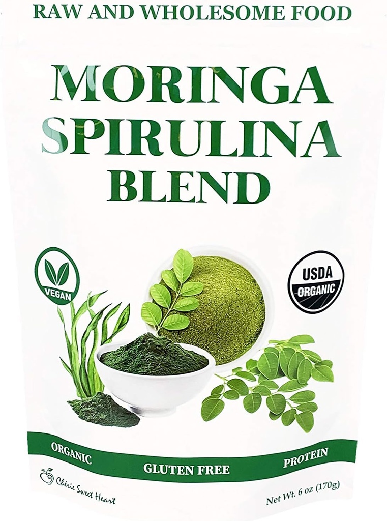 Chérie Sweet Heart Organic Moringa & Spirulina Superfood Mix, 6 oz - USDA Organic, Non-GMO, Vegan, Gluten-Free Supergreens Toz Enerji, Detox & Daily Wellness