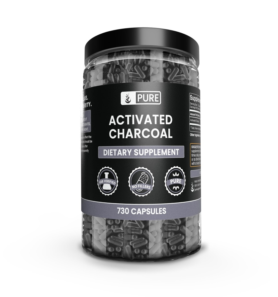 Pure Original Materialss Aktif Charcoal (730 Capsules) Magnezyum veya Rice Fillers, Always Pure, Lab TY