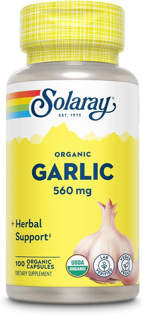 Solaray Βιολογικά Χάπια Σκόρδων - 560 mg Σκόρδο Συμπληρώματα για την υποστήριξη της καρδιάς Υγεία - USDA Βιολογικές Κάψουλες Σκόρδων - Vegan - 60-Day Εγγύηση Επιστροφής Χρημάτων - 100 Υπηρεσίες, 100 VegCaps