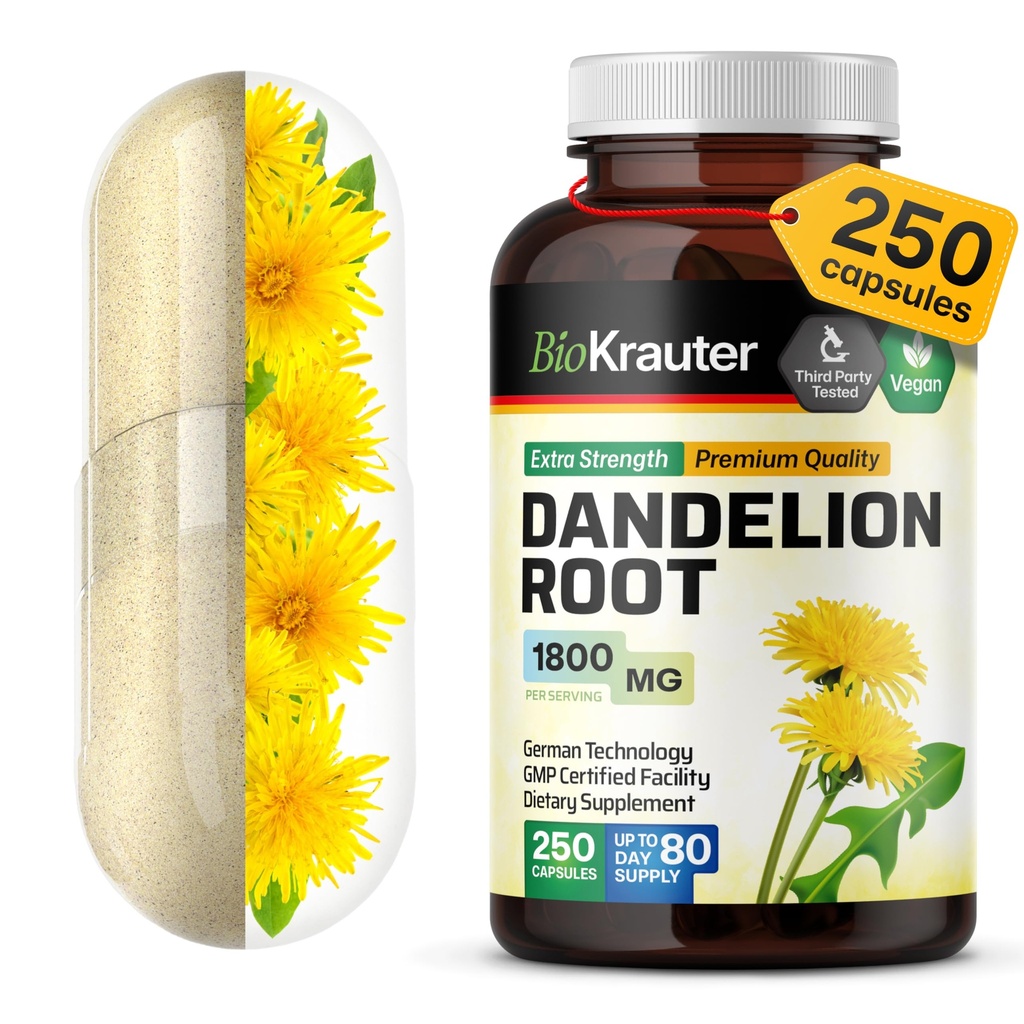 BIO KRAUTER Dandelion Root Supplement - 1800 mg Δύναμη - 250 Count - κάψουλες ρίζας Dandelion - κάψουλες Vegan για την υποστήριξη του ήπατος και την ανοσία