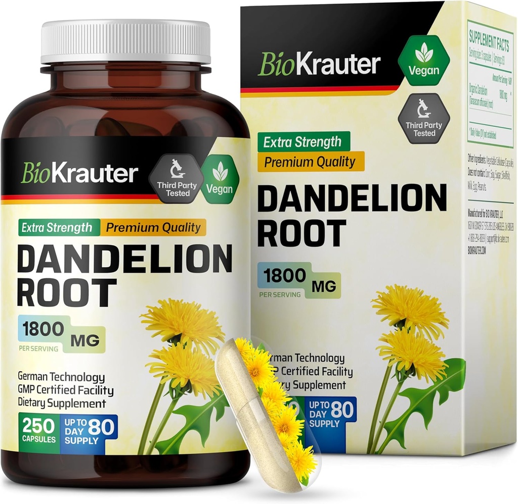 BIO KRAUTER Dandelion Root Supplement - 1800 mg Strength - 250 Count - Dandelion Root Capsules - Liver Support & Immunity