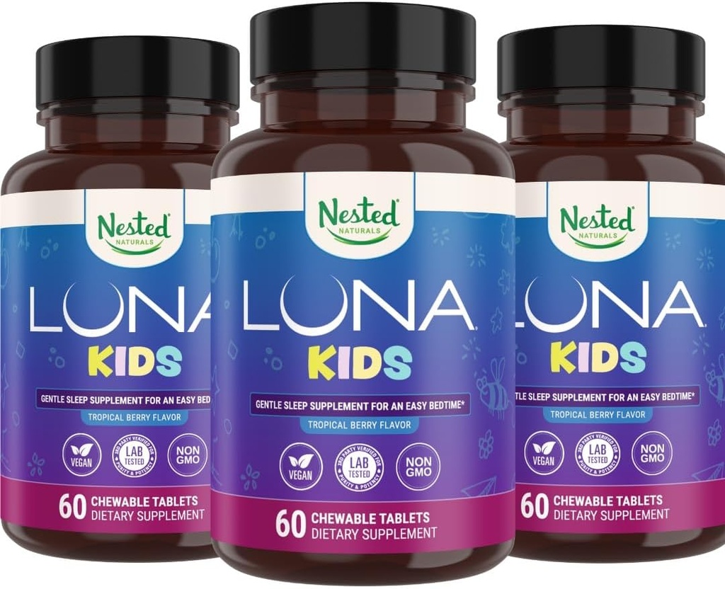Nested Naturals Luna Kids Sleep Supplement - Çocuklar ve Melatonin Hassas Yetişkinler için - Chamomile, Melatonin, & Valerian - 180 Chewable Tabletler (60 Per Şişe)