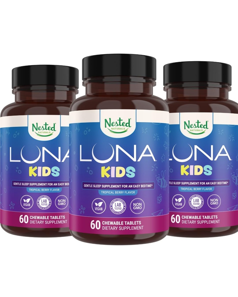 Nested Naturals Luna Kids Sleep Supplement - Çocuklar ve Melatonin Hassas Yetişkinler için - Chamomile, Melatonin, & Valerian - 180 Chewable Tabletler (60 Per Şişe)