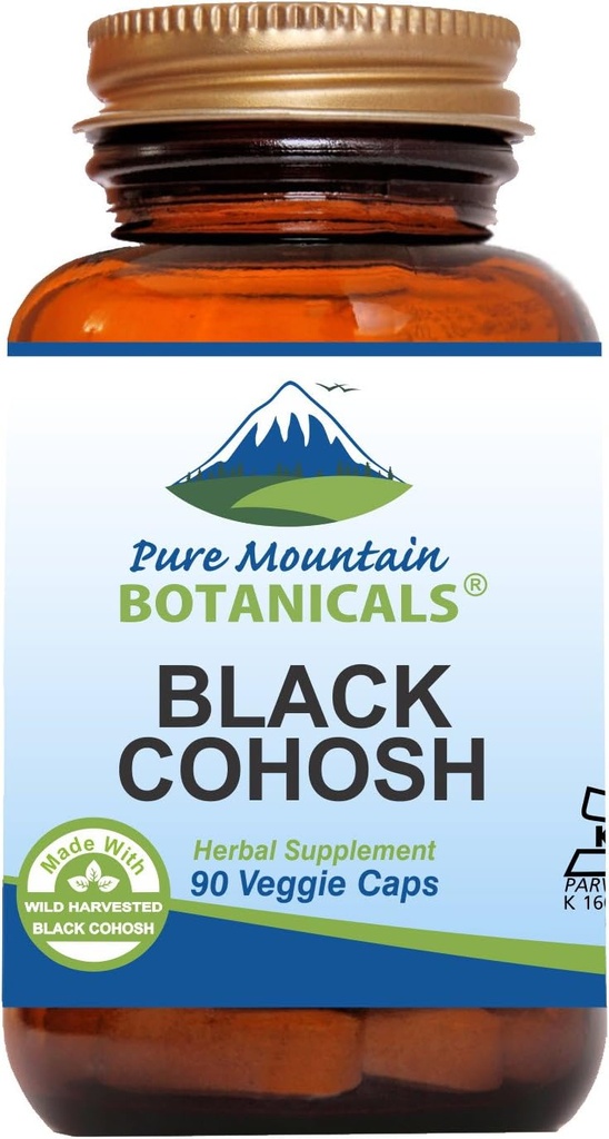 Pure Mountain Botaniks Black Cohosh Capsules - 90 Kosher Vegan Caps - Şimdi 500 mg Wild Black Cohosh Root - Natures Support for Menopause