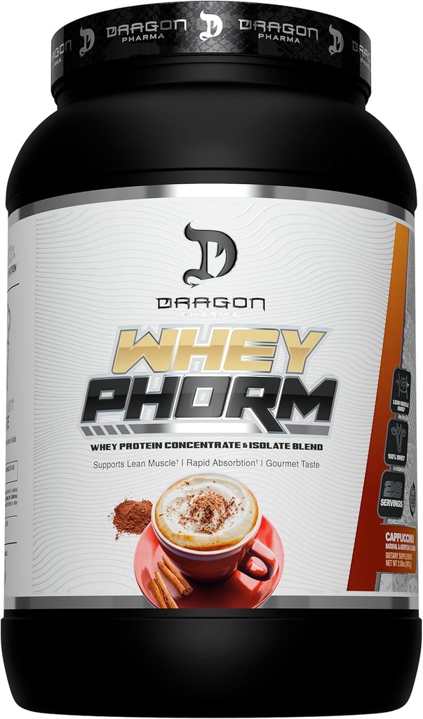 DRAGON PHARMA Whey Protein Blend, γρήγορη απορρόφηση, Χωρίς γλουτένη, 100% πρωτεΐνη Whey, WheyPhorm, Maximize Recovery, Great Tasting, 25 γραμμάρια πρωτεΐνης (26 μερίδες, Cappuccino)