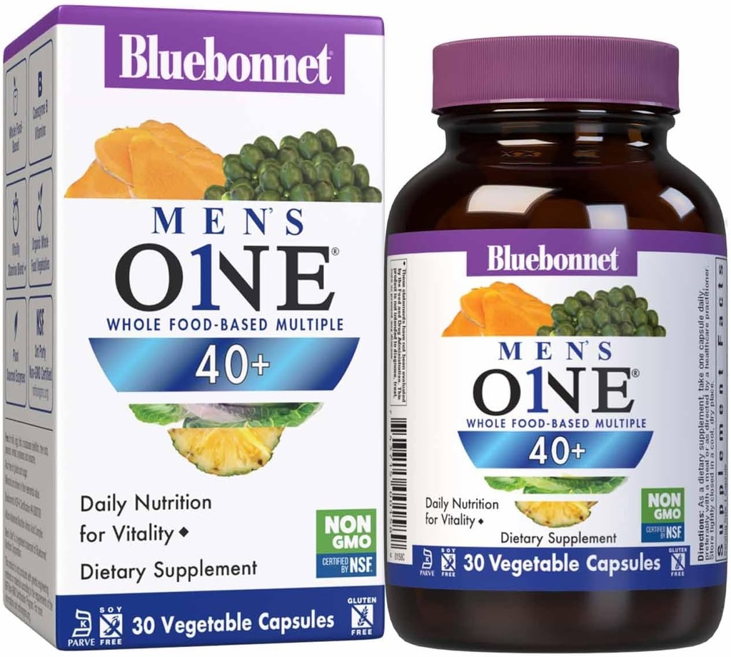 BlueBonnet Beslenme Erkekleri' ONE 40+ Tüm Gıda bazlı Multivitamin Erkekler 40+, Soy-Free, Non-GMO, Gluten Free, Kosher, 30 Sebze Kapsülleri, 30 Hizmet