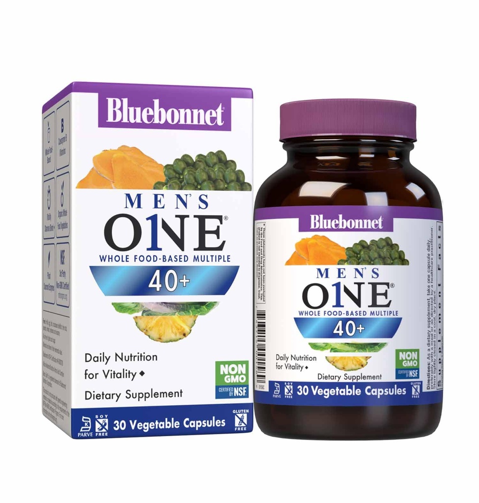 BlueBonnet Beslenme Erkekleri' ONE 40+ Tüm Gıda bazlı Multivitamin Erkekler 40+, Soy-Free, Non-GMO, Gluten Free, Kosher, 30 Sebze Kapsülleri, 30 Hizmet