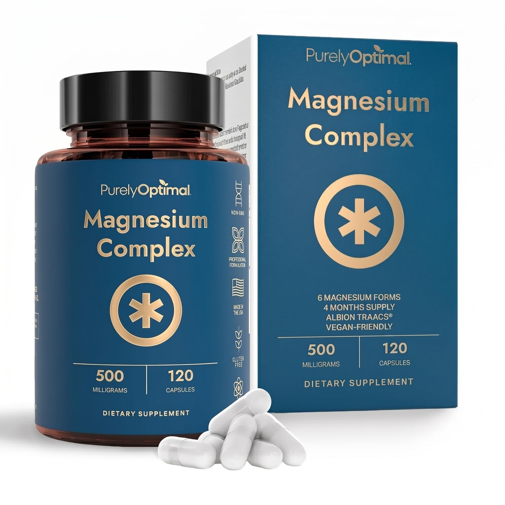 Purely Optimal Magnesium Complex - 6 Forms Μαγνήσιο Γλυκινικό, Κιτρικό & Κακοήθη - Υποστήριξη ύπνου, Άγχος ανακούφιση, μύες, καρδιά υγεία & χαλάρωση - Συμπλήρωμα μαγνησίου για γυναίκες & άνδρες, 120 Caps