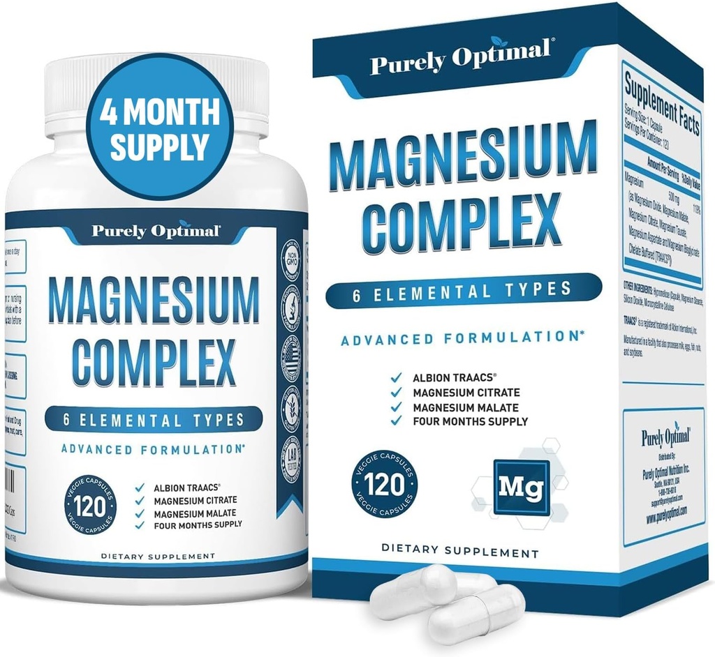 Tamamen Optimal Magnezyum Kompleksi - 6 Forms Glycinate, Citrate & Malate - Uyku Desteği, Stres Yardımı, Kass, Kalp Sağlığı ve Rahatlama - Kadınlar ve Erkekler için Magnezyum Tamam, 120 Caps