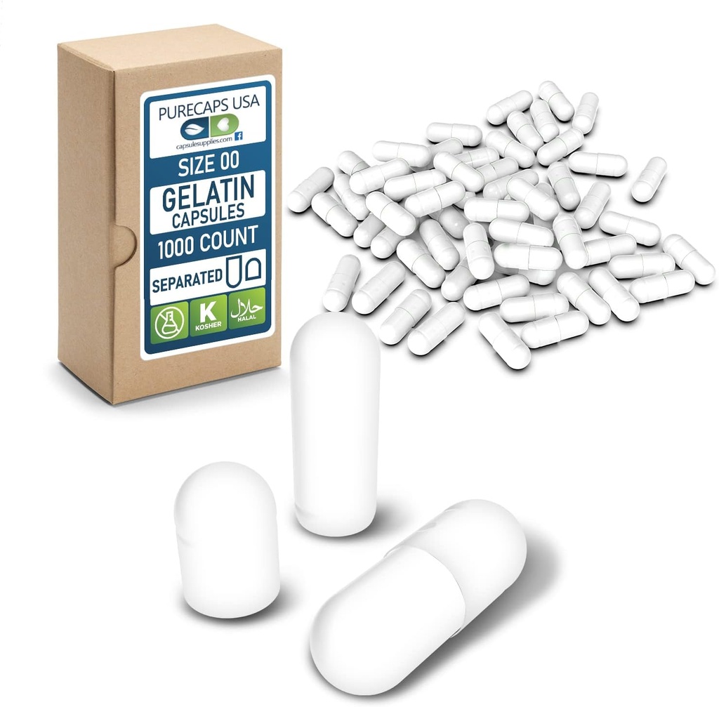 PureCaps USA - Boş Gelatin Capsules Boyutu 00 / 1000 Ayrılı Pills| White| Non-GMO sertifikalı | SLS, Gluten, Preservative Free Free Free