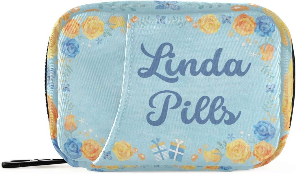 Custom Pill Box 7 Day Pill Case Bag Blue Yellow Flower Personalized Name Travel Pill Organizer Bag with Zipper Portable Weekly Case Compact Size for Vitamin Supplement Holder