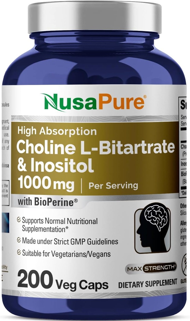 NusaPure Choline & Inositol 1000 mg - 200 Veggie Caps (% 100 Vegetarian, Non-GMO) Bioperine