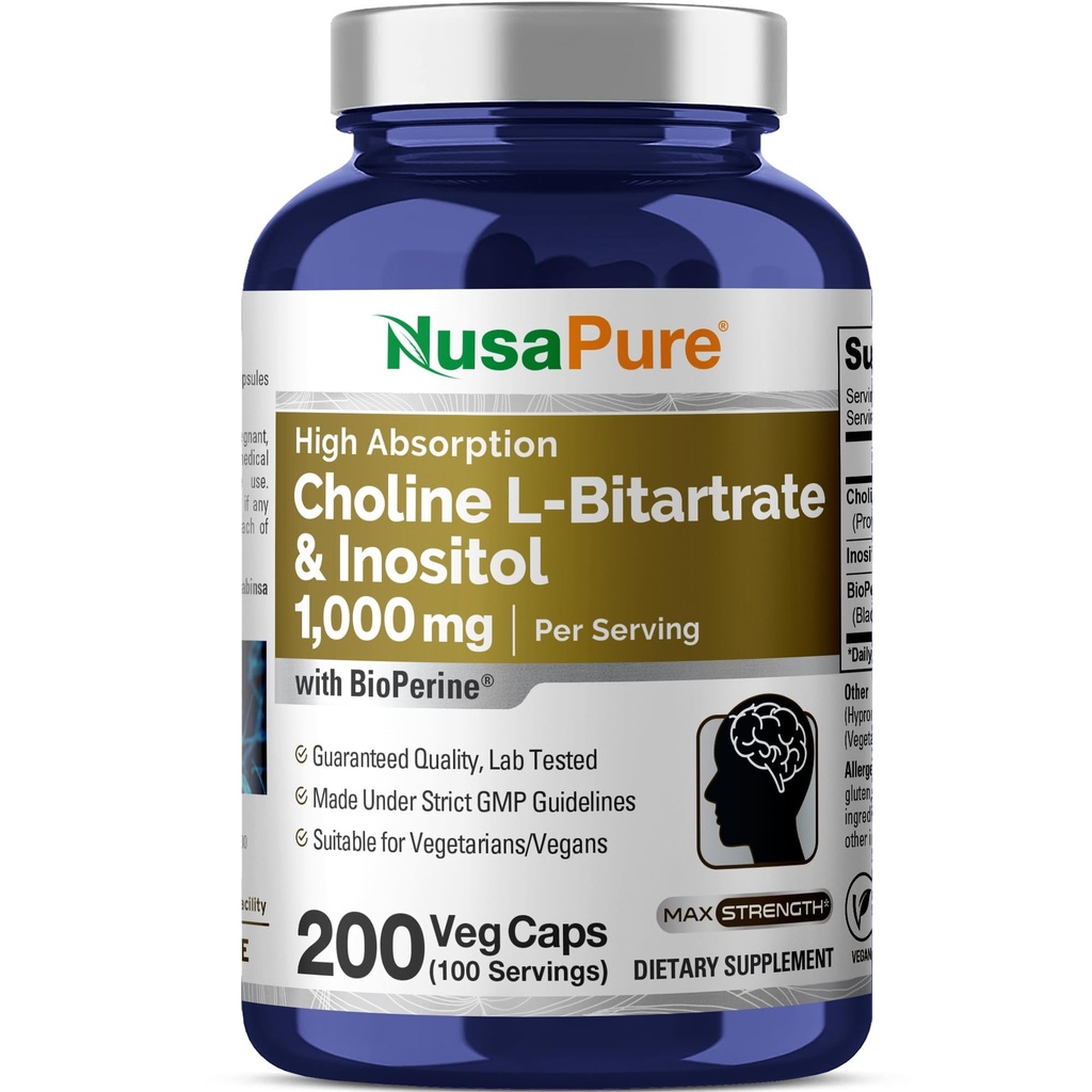 NusaPure Choline & Inositol 1000 mg - 200 Veggie Caps (% 100 Vegetarian, Non-GMO) Bioperine