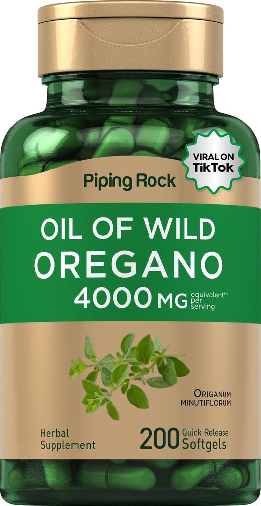 Piping Rock Oregano Oil Softgel Capsules 4000 mg | 200 Pills | Herbal Extract Supplement | Wild Harvested | Non-GMO, Gluten Free