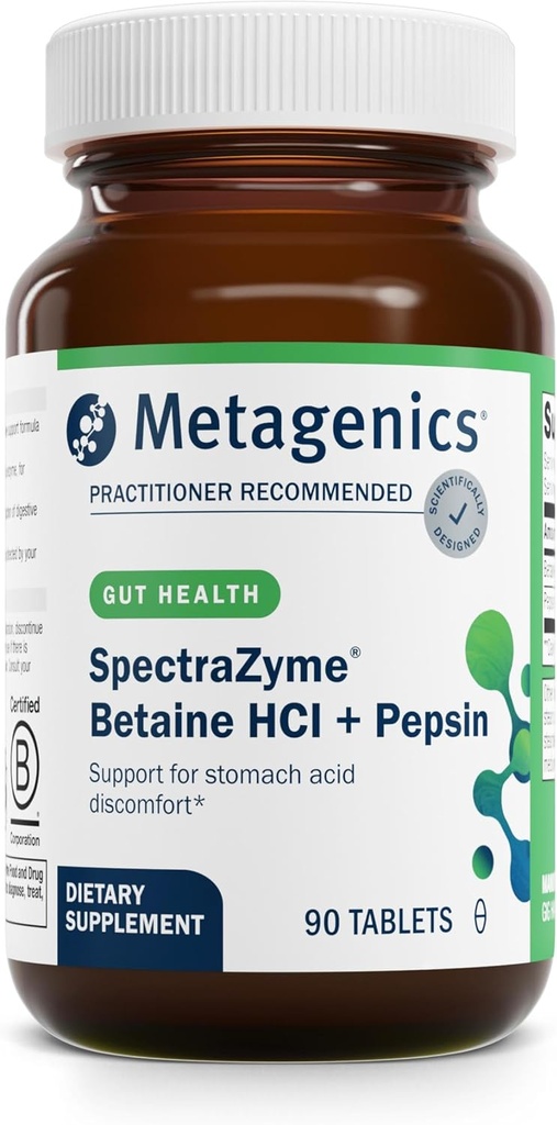 Metagenics SpectraZyme Betaine HCI + Pepsin - Destekler Stomach Health & Aids in Digestion* - Betainel HC & Pepsin - Proteolytic Digestive Enzyme* - Non-GMO - 45 Hizmetler - 90 Tabletler