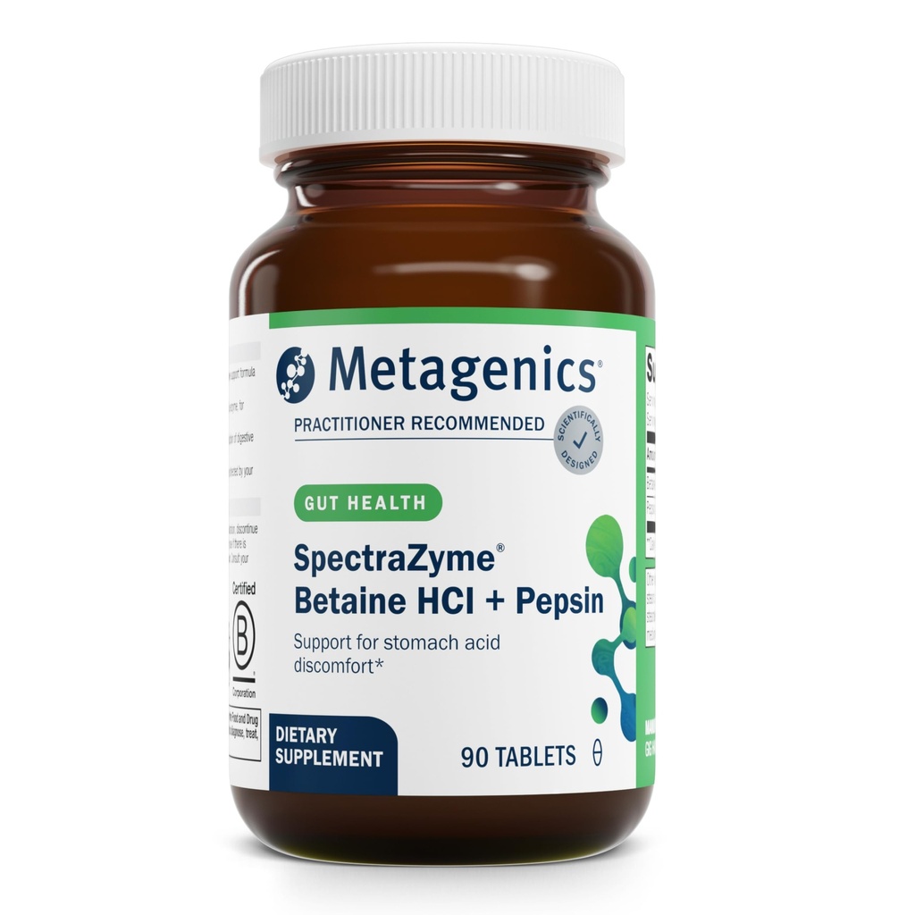 Metagenics SpectraZyme Betaine HCI + Pepsin - Destekler Stomach Health & Aids in Digestion* - Betainel HC & Pepsin - Proteolytic Digestive Enzyme* - Non-GMO - 45 Hizmetler - 90 Tabletler