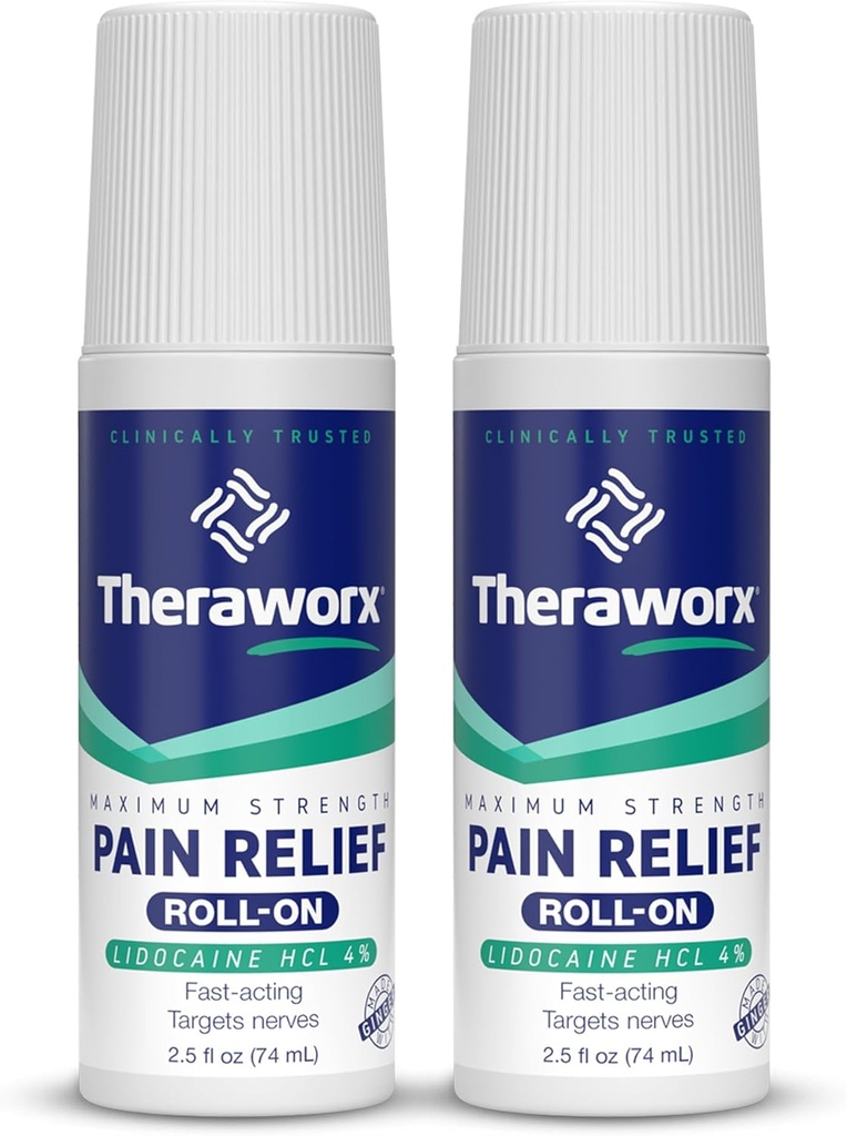 Theraworx maximum Strength Pain Relief Roll-On with Lidoka, Fast-Acting - 2.5 Oz - 2 Kont