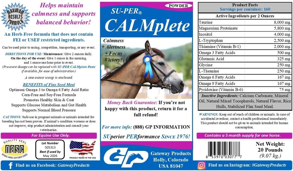 SU-PER CALMplete Calming Horse Supplement - Calmness & Balanced Davranışı - Thiamine, Tryptophan & Magnezyum - 20 Pounds, 5 Ay Supply (150 Gün)