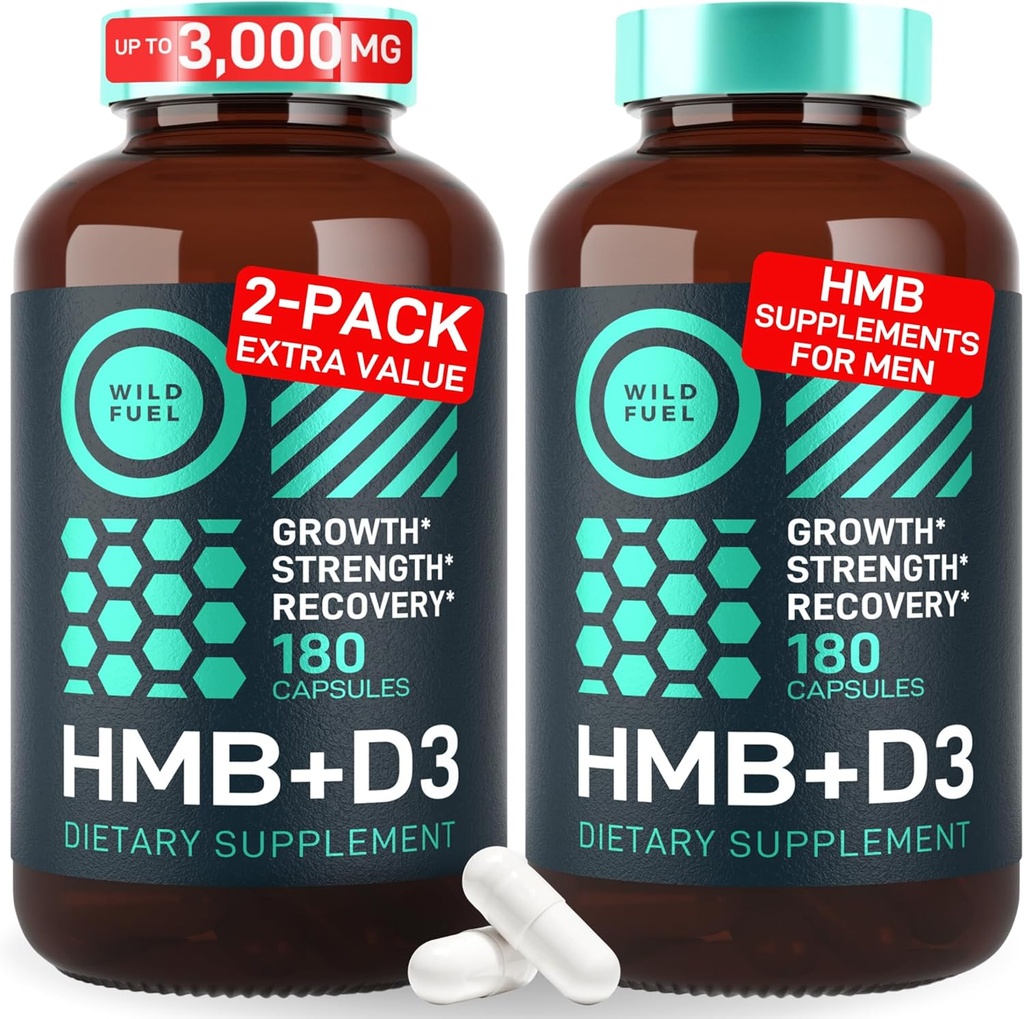 HMB ve Vitamin D3 Supplement Capsules - B-Hydroxy B-Methylbutyrate 1000-3,000 MG HMB Supplements with Vitamin D3 - Muscle growth, Strength, Performance, Pre-Workout, Muscle Recovery - 360 Caps