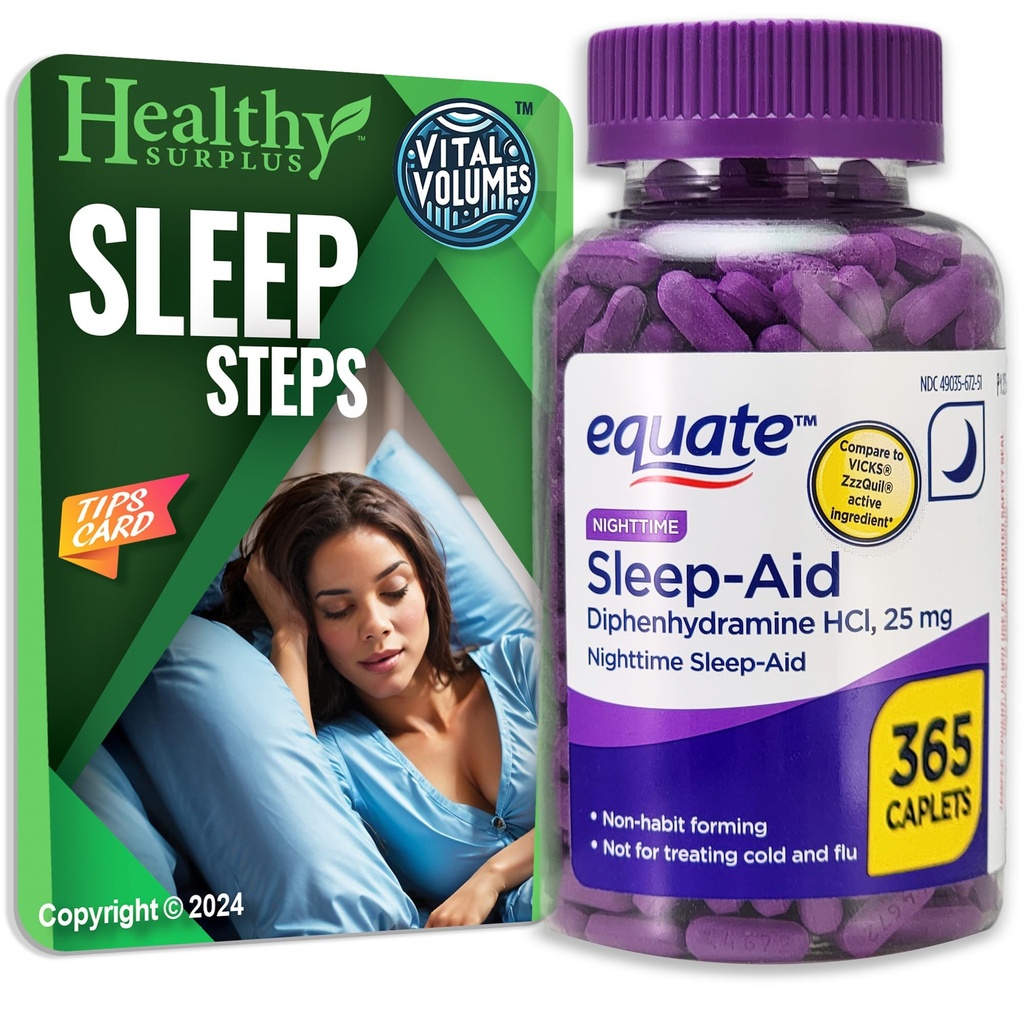 Equate Sleep-Aid Diphenhydramine HCI 25 mg 365 Caplets ve Vital Volumes Sleep Steps Tips Card