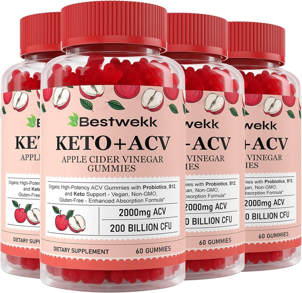 Apple Cider Vinegar Gummies, Max Strength 2000 mg ACV Gummy with Probiyotiks, B12 ve Keto Support, For Digestion, Metabolism, Detox, Gut & Immune Health, Gelatin-Free, Non-GMO, 240 keto ac