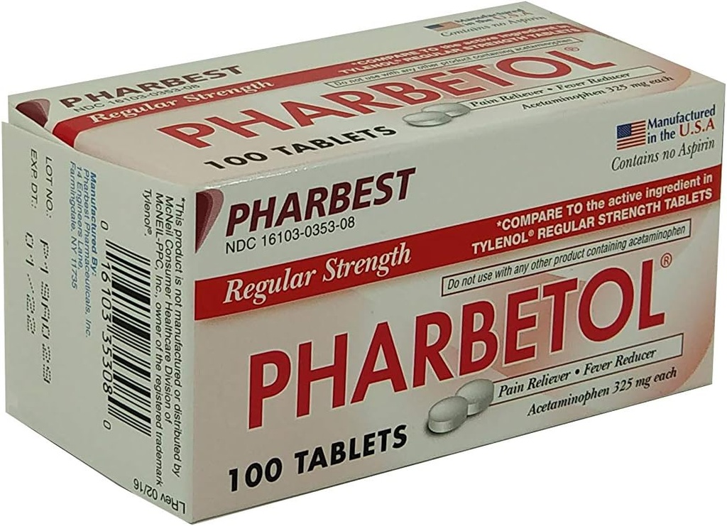 Pharbetol Acetaminophen 325 mg Düzenli Kuvvet, Ağrı Reliever, Ateş Tanım Tabletleri,100 Kont ( 1 Pack of 1)