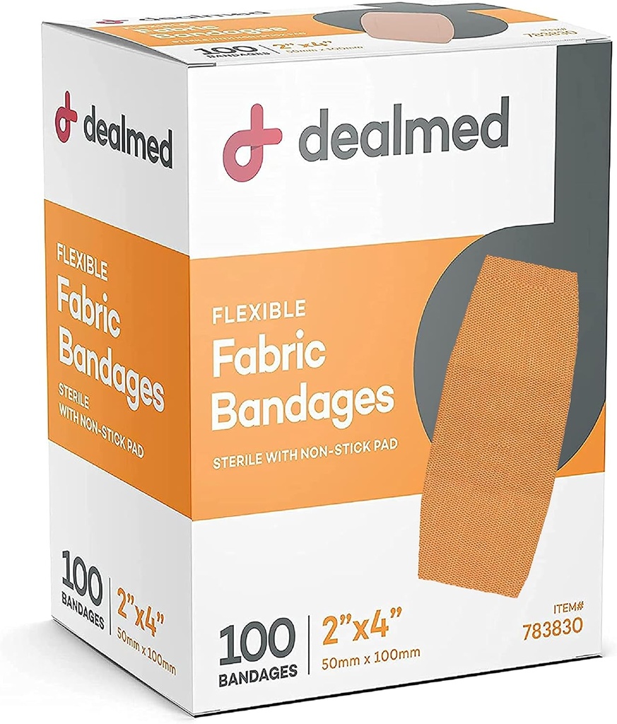 Dealmed Fabric Flexming Bandages with Non-Stick Pad, Latex Free, Yara Care for First Aid Kit, 2" x 4" (100'ün Kutusu)