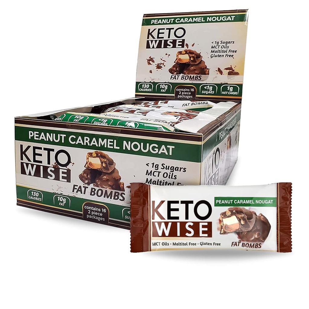Keto Wise Fat Bombs - MCT Oil içeren Çikolata ile Yap - Low Fat, Low Carb ve Keto Friendly Snack - 7g Fat, 2g Net Carbs | Peanut Caramel Nougat, 16 Paket