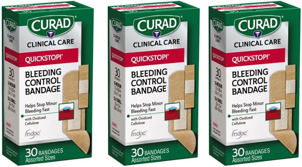 Curad Quickstop Flex-Fabric Bandages, Quickstop Bleeding Control Technology, Assorted Sizes, 30 Count (Pack of 3)