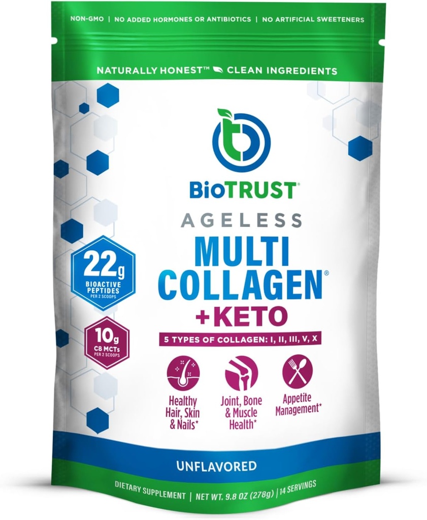BioTrust Multi Collagen Protein Powder + Keto MCT Oil – 5 Τύποι (I, II, III, V, X) & 100% Caprylic Acid C8 - Υποστήριξη Αυξημένα Κετόνες, Μεταβολισμός, αρθρώσεις & Ομορφιά Όλα σε 1 Collagen Powder (Unflaved)