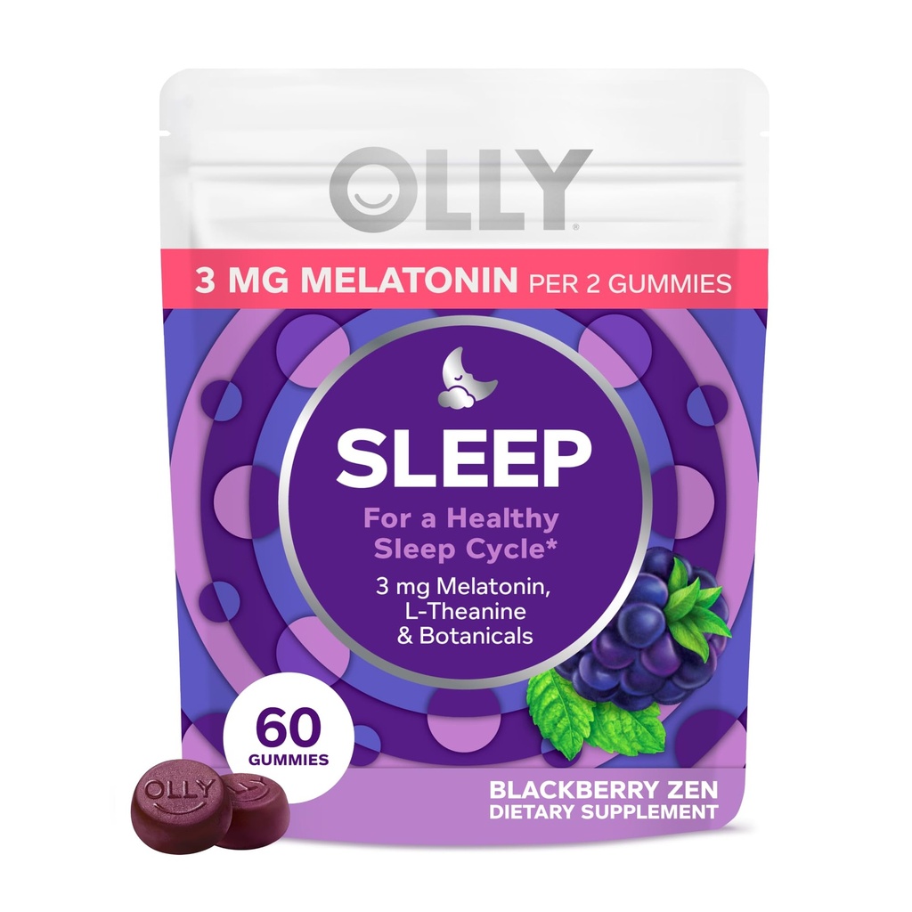 OLLY Sleep Gummy, 3 mg μελατονίνη, L-Θεανίνη, Χαμομήλι, και εκχύλισμα βάλσαμου λεμόνι, Blackberry Flavor, 30 Ημέρα προσφοράς - 60 Count