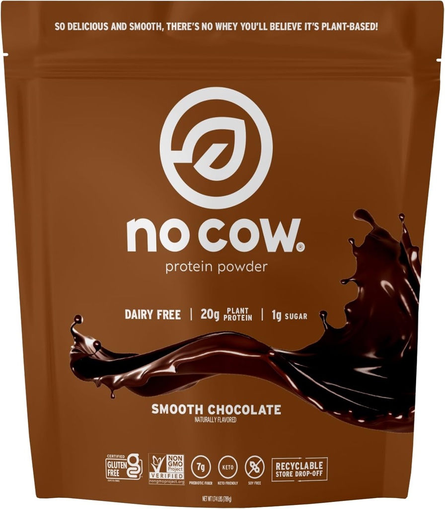 Όχι Cow Vegan πρωτεΐνη σκόνη, σοκολάτα, 20g φυτικής προέλευσης πρωτεΐνη, Ανακυκλώσιμη τσάντα, Γαλακτοκομικά, Χωρίς σόγια, χωρίς ζάχαρη Προστέθηκε, Keto φιλικό, χωρίς γλουτένη, Φυσικά γλυκαντικά, μη ΓΤΟ, Kosher, 1,74 Λίρες