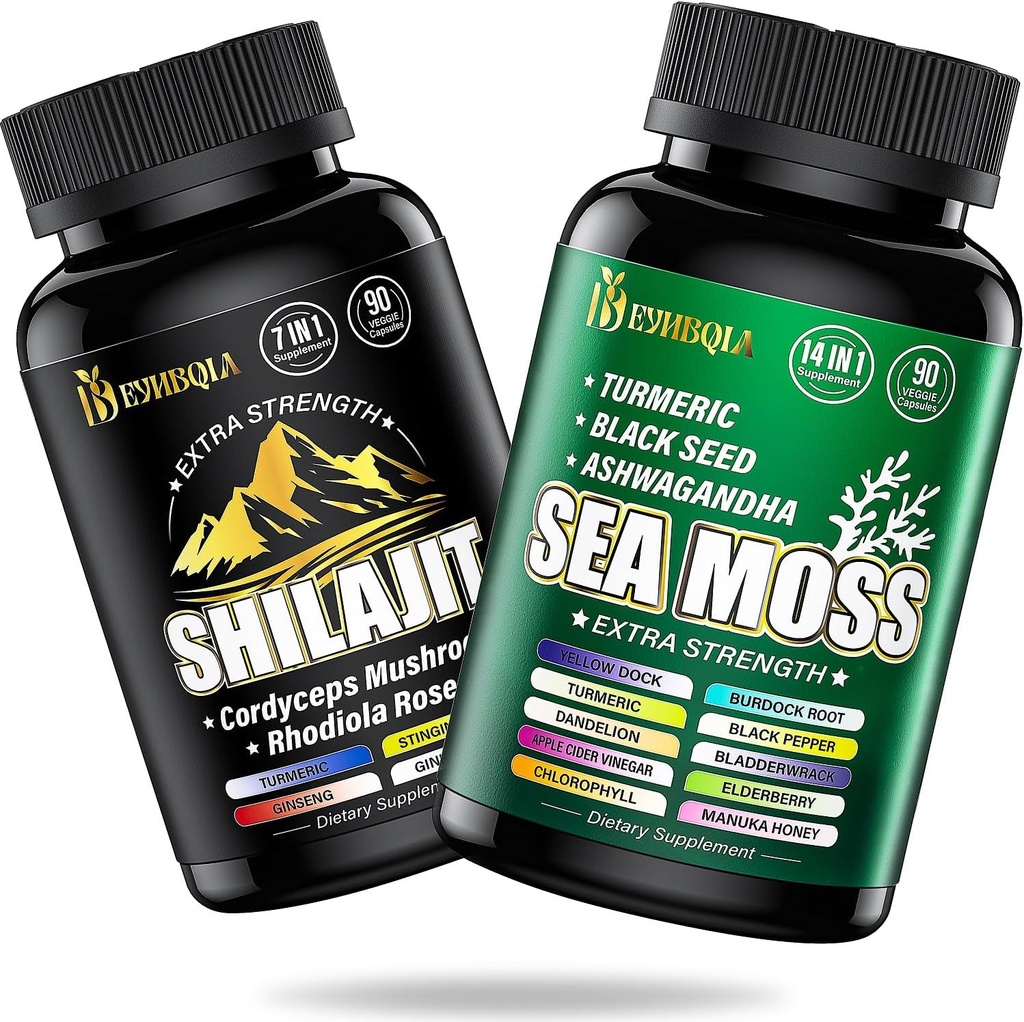 Sea Moss ve shilajit Sche - 90EE Count - Sea Moss, Black Seed Oil, Ashwagandha, Turmeric & Shilajit, Rhodiola Rosea,Burdock, Bladderwrack 21 1 Supplements (2 Paketler)