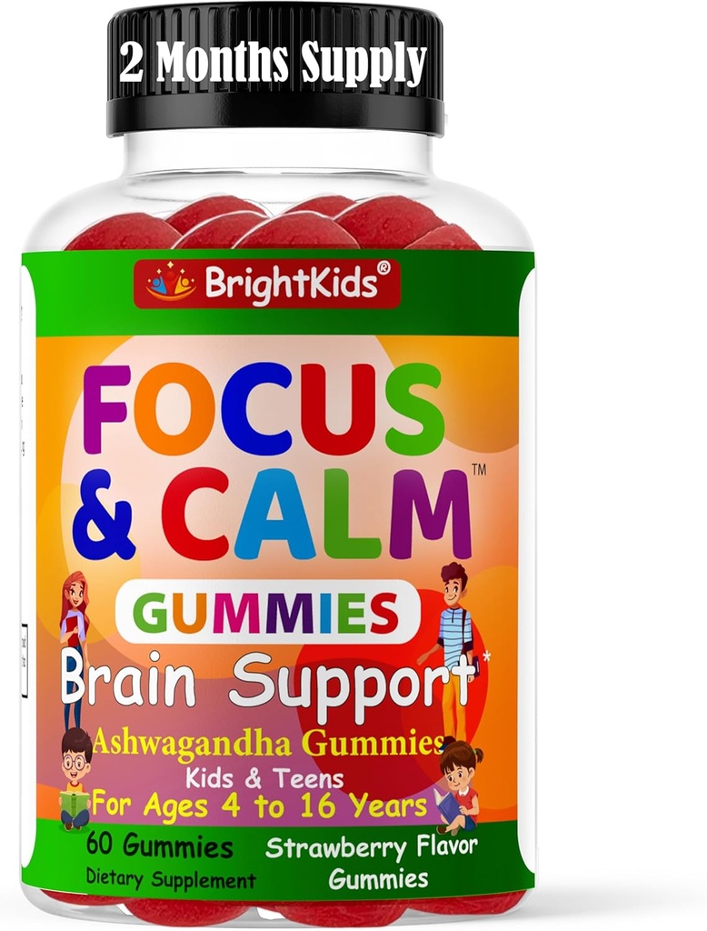 BrightKids Focus & Calm Gummies for Kids with Ashwagandha – Supports Care, Concentration, Relaxation, Mood & Energy – Natural Stress Relief Supplement, Tasty Berry Flavor, Vegan, 60 Days Supply