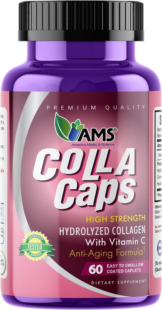 America Medic & Science Colla Caps (60 Caplets) | Collagen and Hyaluronic Acid Supplement with Vitamin C | for Men and Women | Repairs and Restores Skin Elasticity | Promotes Healthy Hair Growth