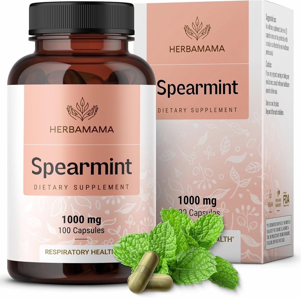 HERBAMAMA Spearmint Leaf Capses - 1000mg Spearmint Leaves for Gut Cleanse & Digestive Support - Vegan, Mentha Spicata συμπλήρωμα μη ΓΤΟ
