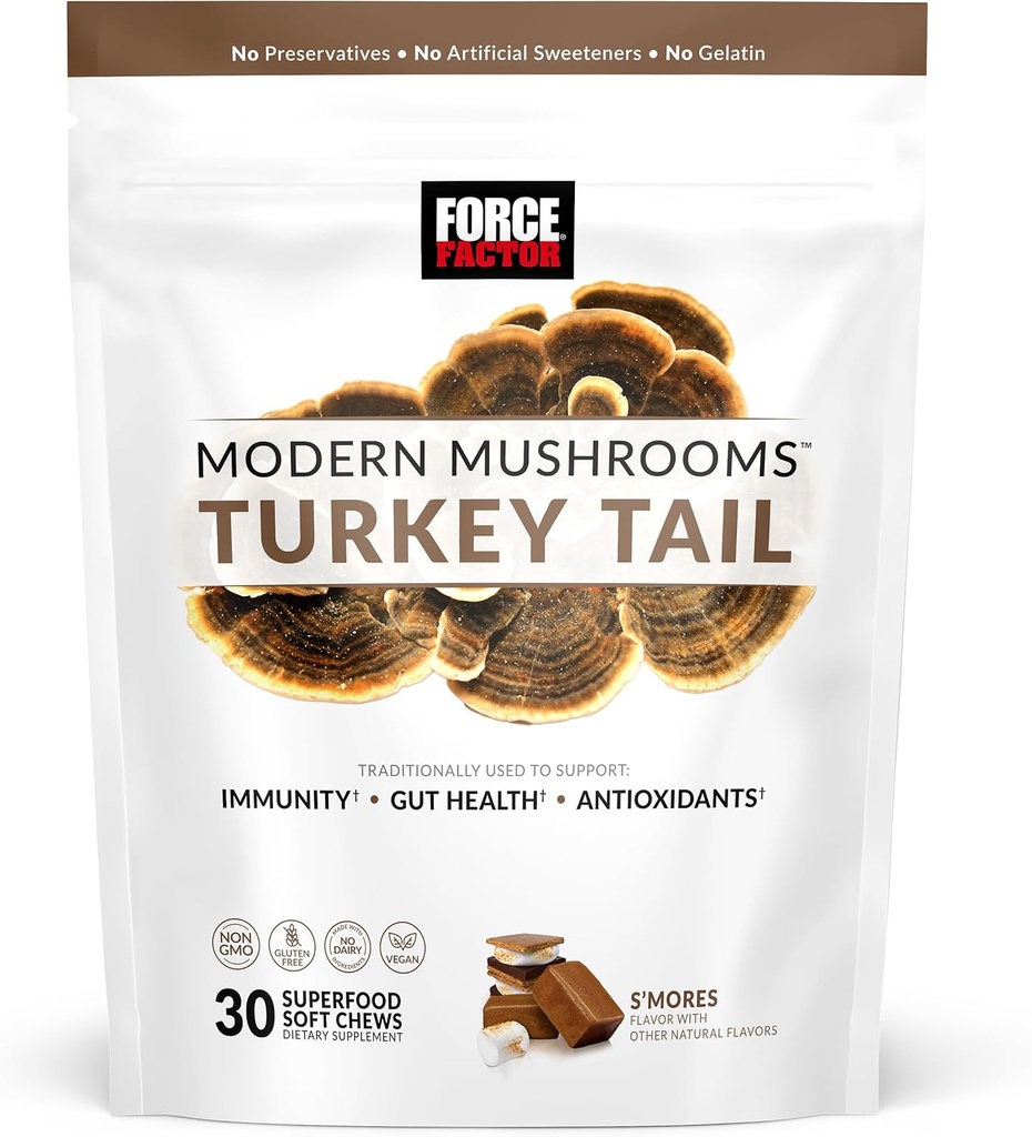 FORCE FACTOR Modern Mushrooms Soft Chews, Türkiye Tail Mushroom Supplement to Support Immunity, Digestive Health ve Vitality, Antioksis Supplement, Delicious S'Mores Flavor, 30 Soft Chews